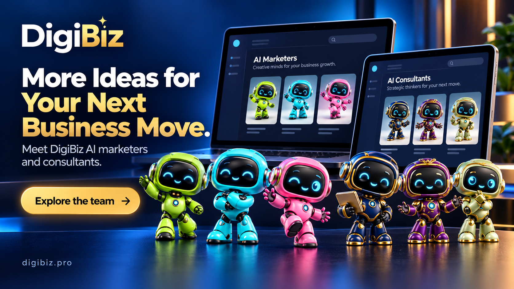 DigiBiz AI Marketers and AI Consultants shown on laptop and tablet screens